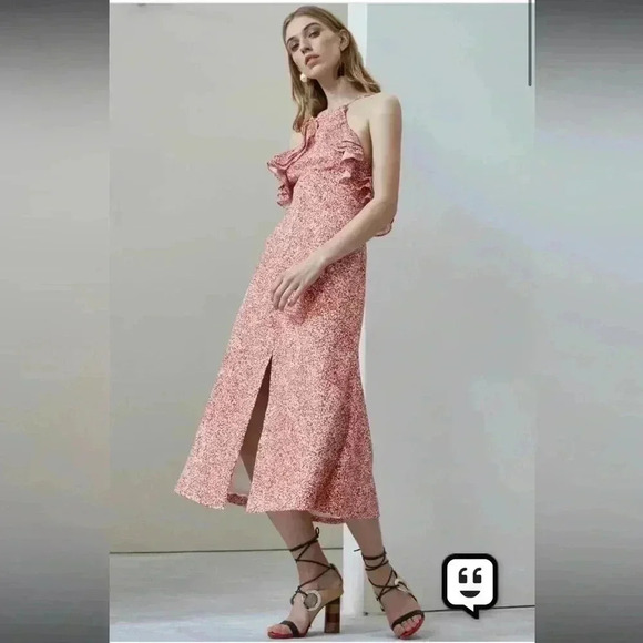 C/meo COLLECTIVE halter fitted ruffle midi dress open back size M ulla sundress - Picture 7 of 13